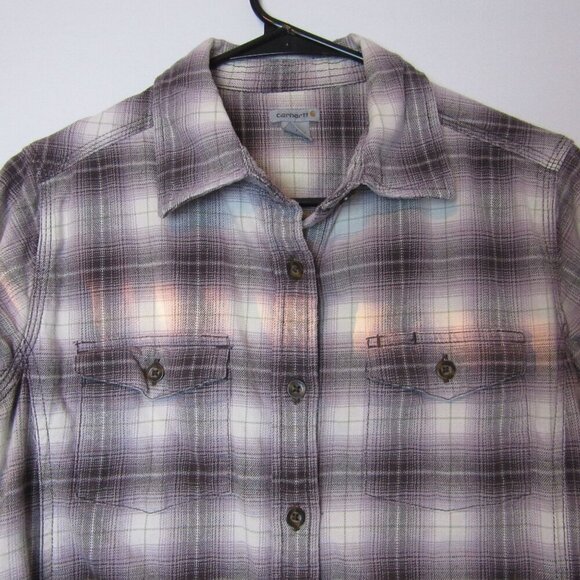 Carhartt Purple Plaid Button Up Shirt Women's Medium Flannel Long Sleeve - Picture 3 of 6